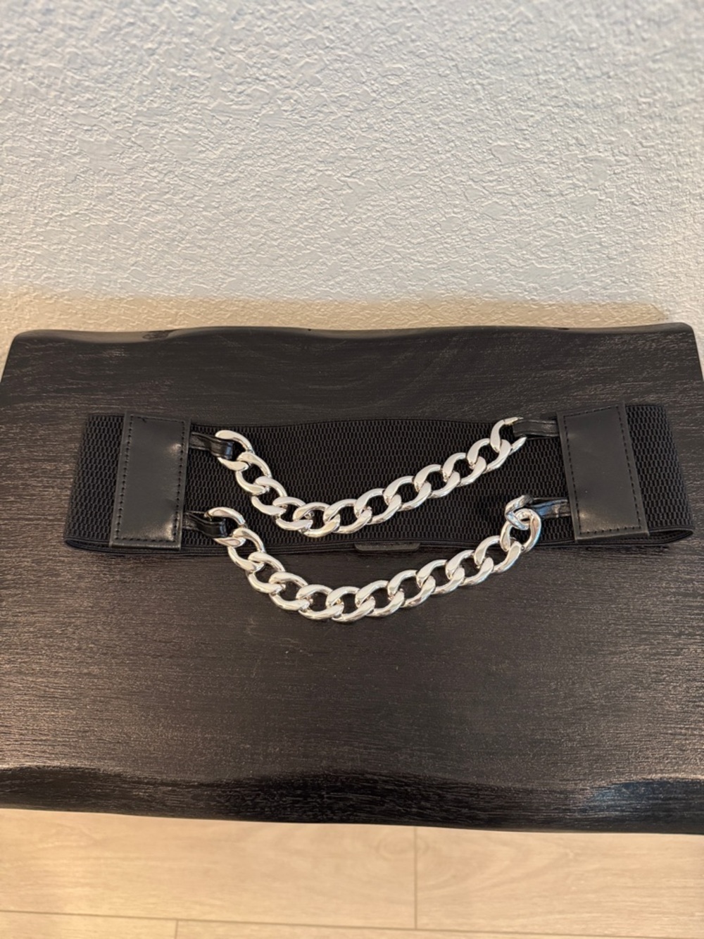 Black Elastic Waist Belt with Silver Chain Detail